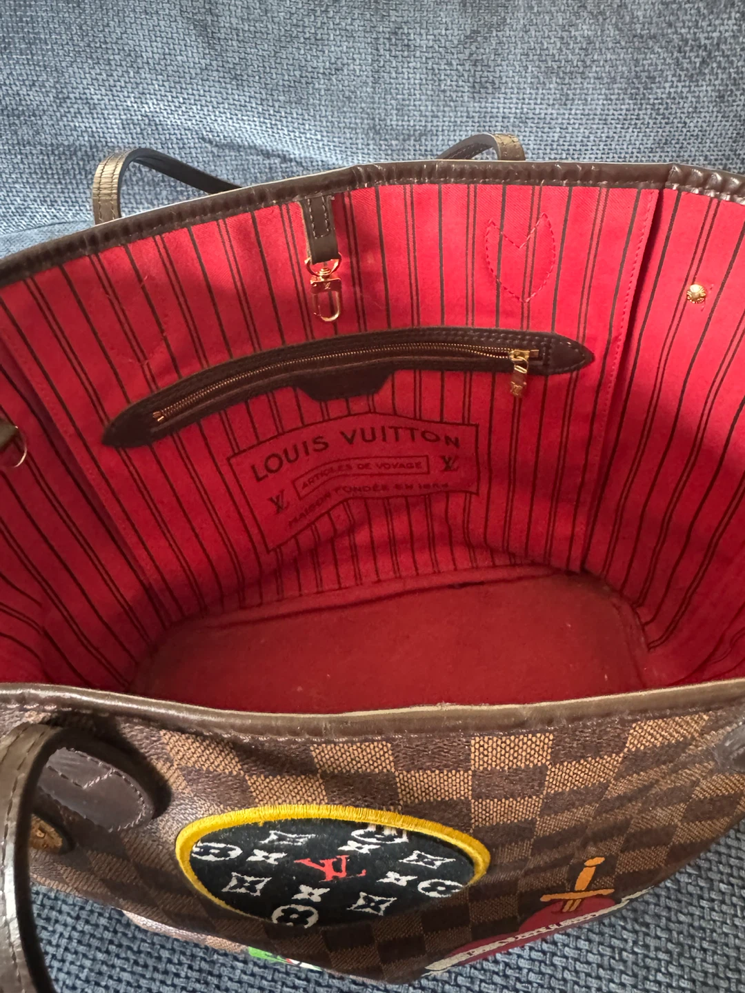 Louis Vuitton Neverfull Damier Ebene Tote Bag with Patches - photo 3
