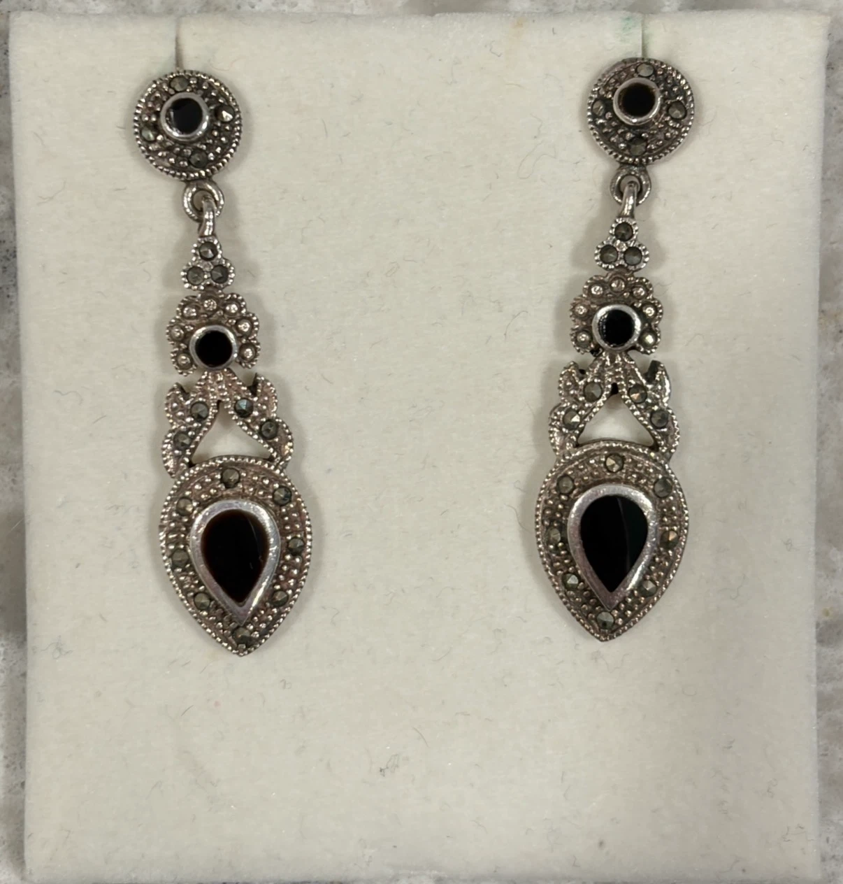 925 (Stamped) Sterling Silver Marcasite & Black Onyx Earrings