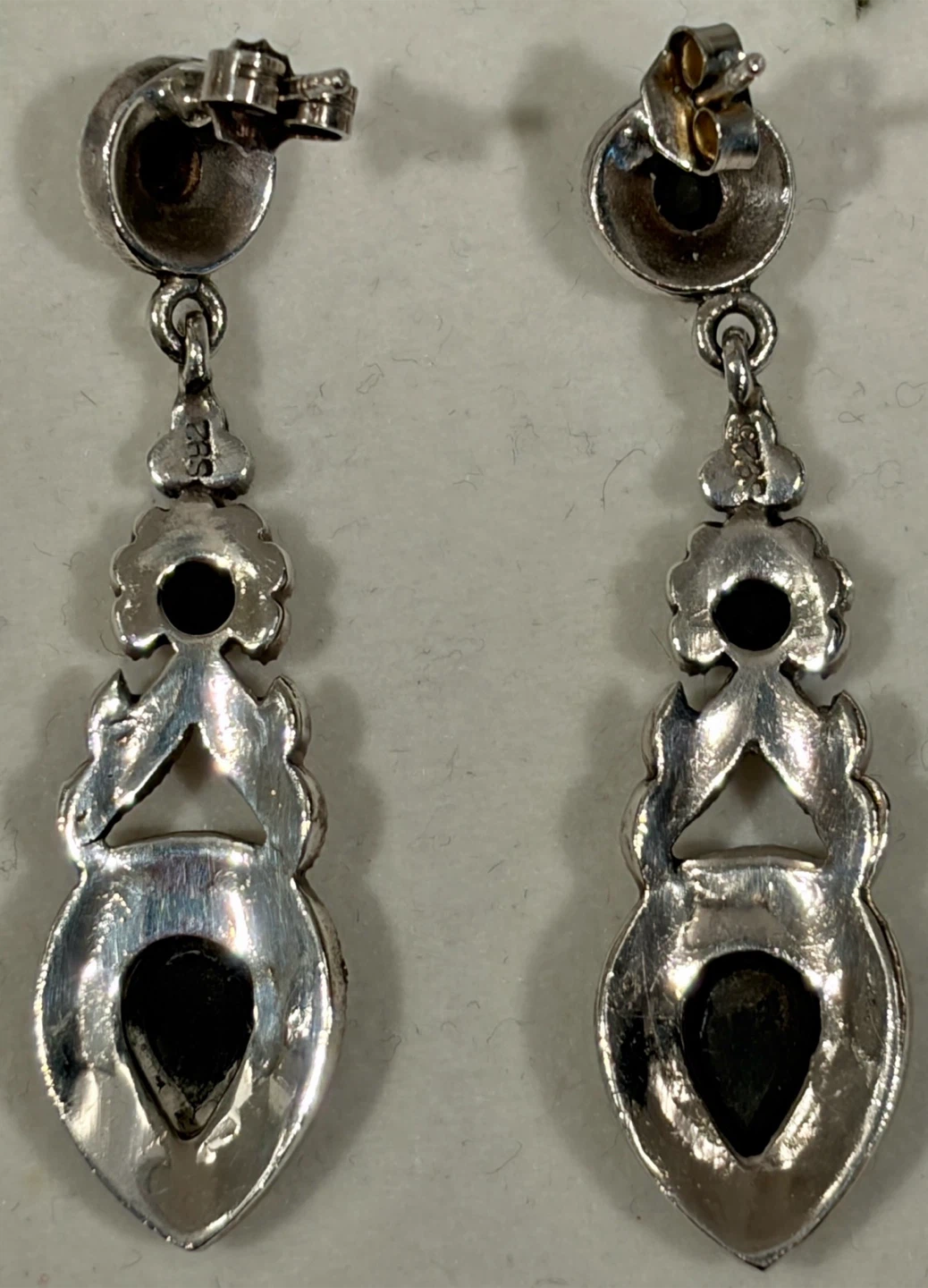 925 (Stamped) Sterling Silver Marcasite & Black Onyx Earrings - photo 3