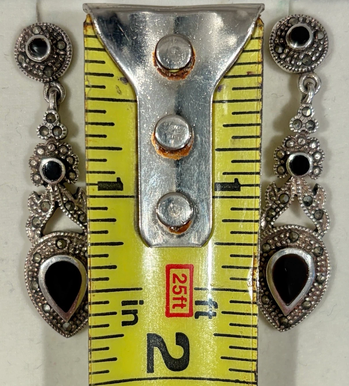 925 (Stamped) Sterling Silver Marcasite & Black Onyx Earrings - photo 5