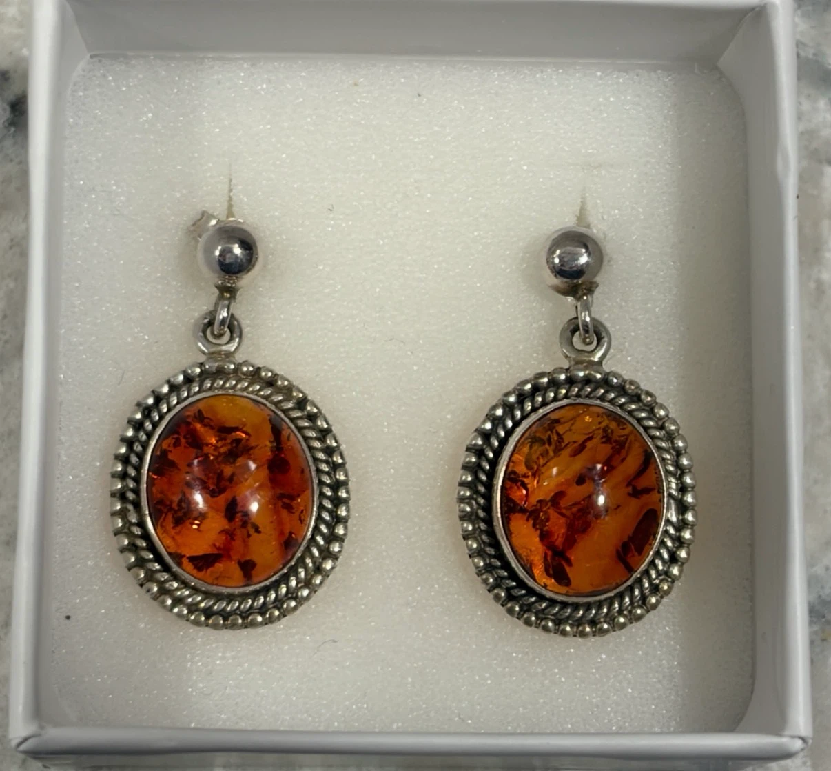 Vintage 925 (Stamped) Sterling Silver Amber Earrings Cognac Oval