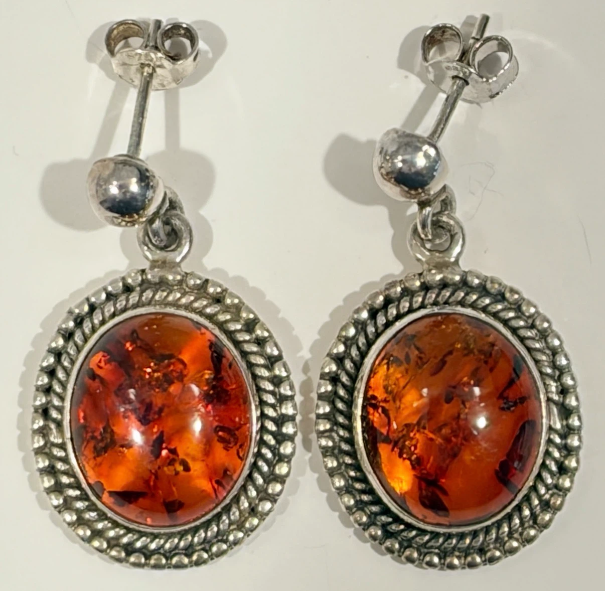 Vintage 925 (Stamped) Sterling Silver Amber Earrings Cognac Oval - photo 2