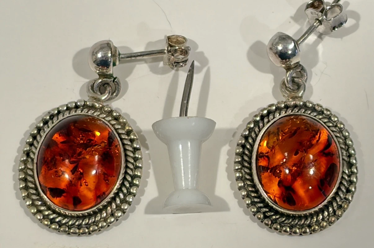 Vintage 925 (Stamped) Sterling Silver Amber Earrings Cognac Oval - photo 3