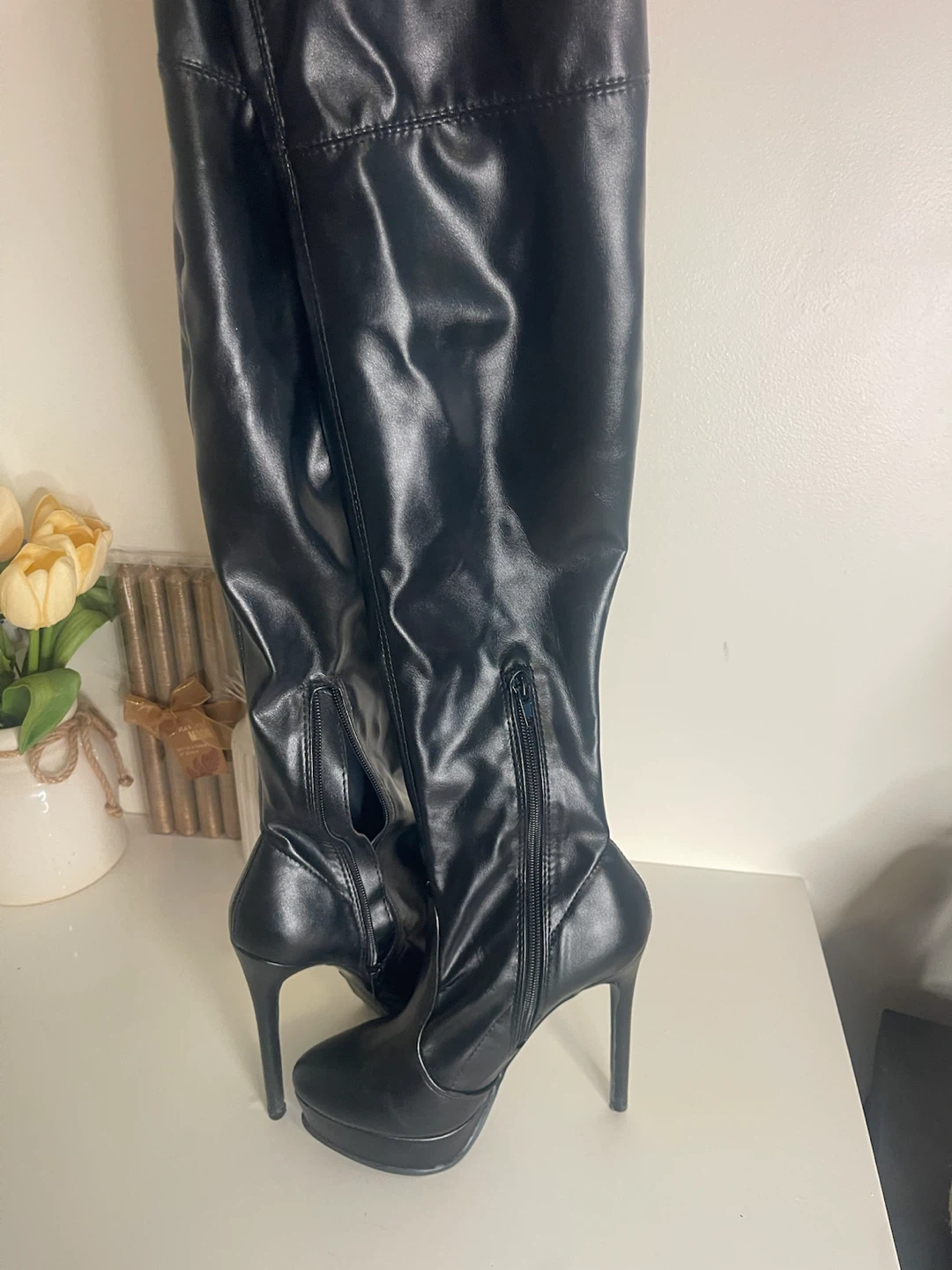 Black Faux Leather Thigh High Stiletto Boots