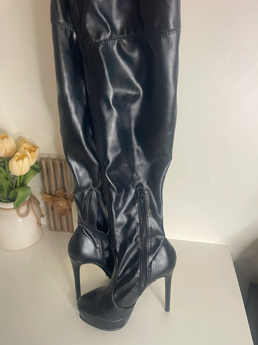 Black Faux Leather Thigh High Stiletto Boots - photo 2