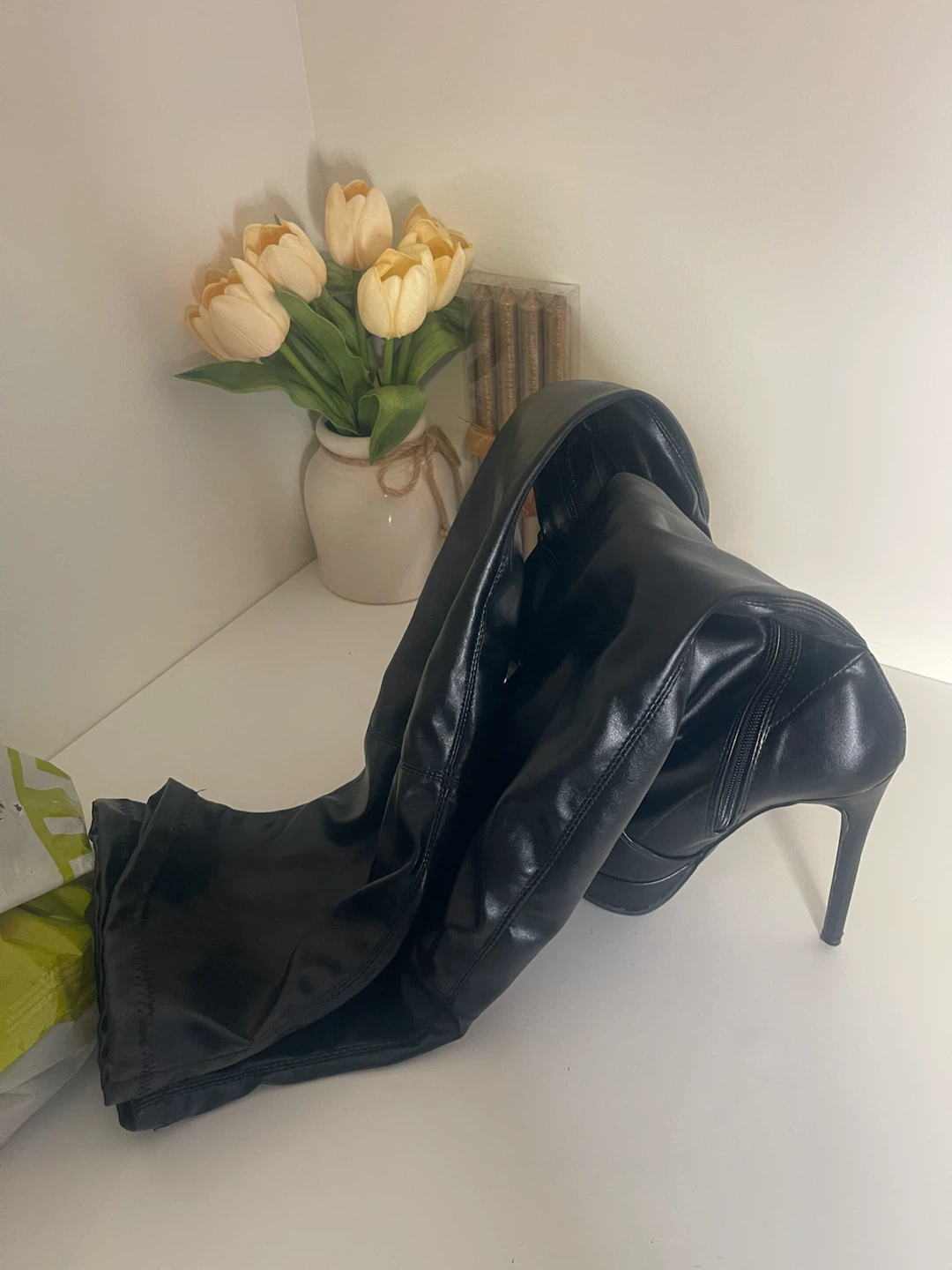 Black Faux Leather Thigh High Stiletto Boots - photo 3