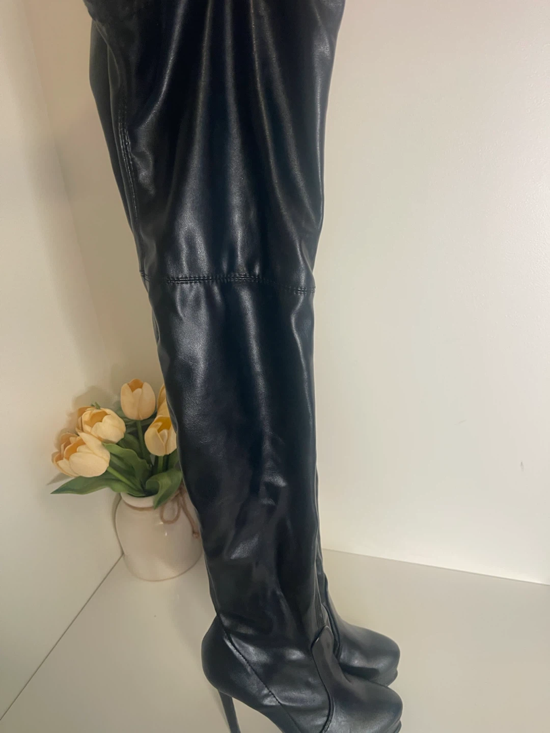 Black Faux Leather Thigh High Stiletto Boots - photo 4