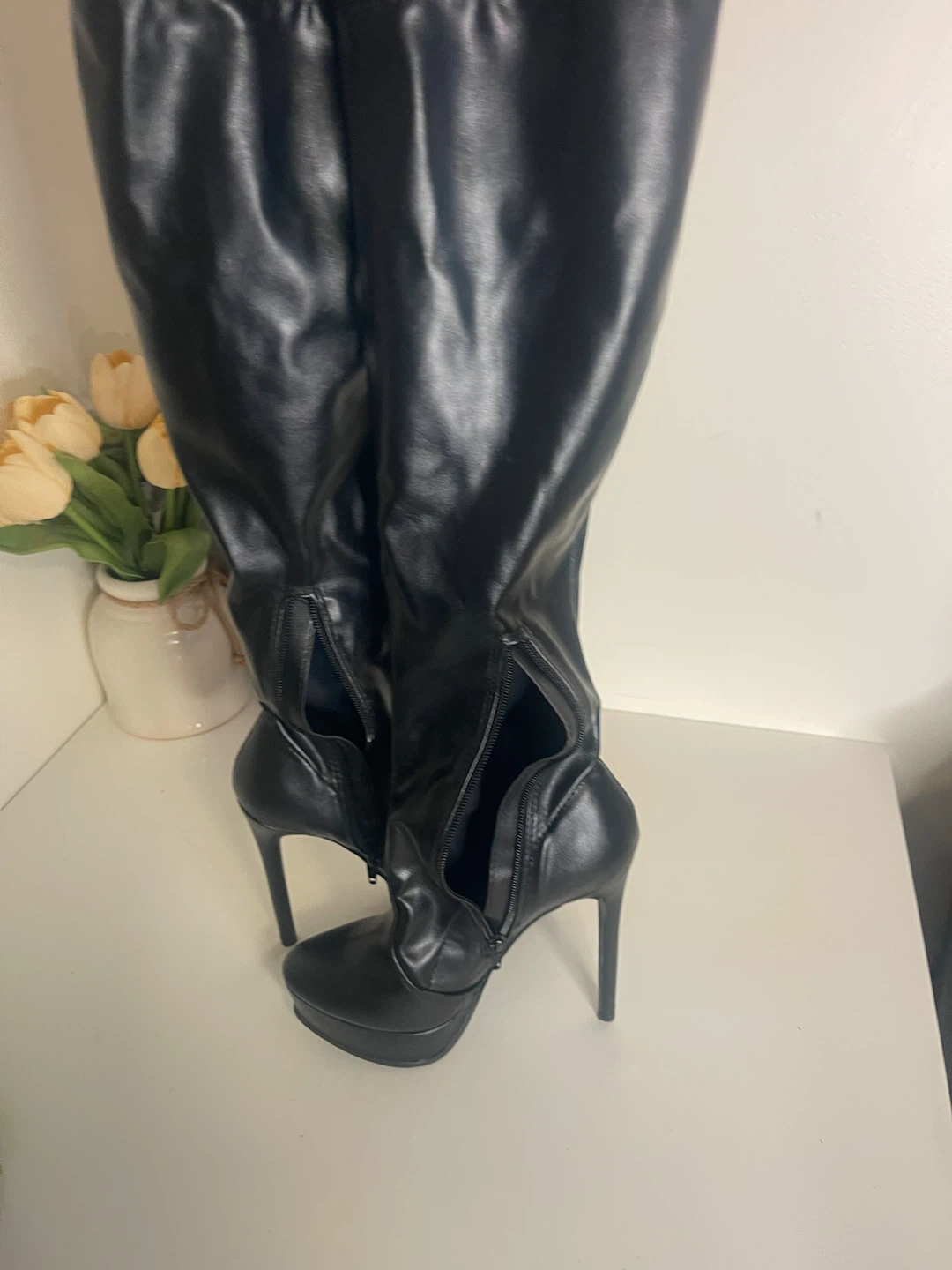 Black Faux Leather Thigh High Stiletto Boots - photo 5