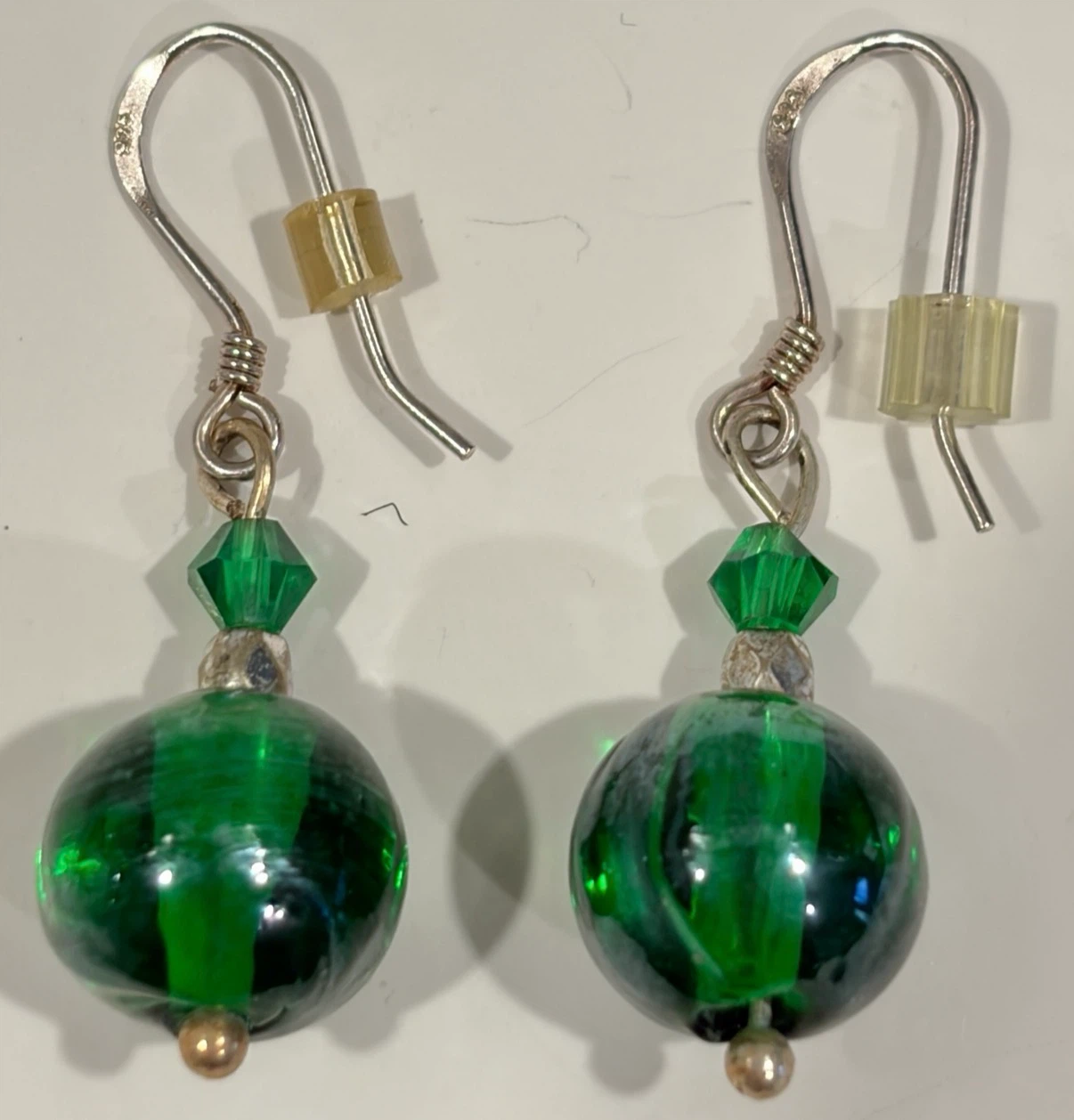 925 (Stamp) Sterling Silver Green Lampwork Glass Like Earrings