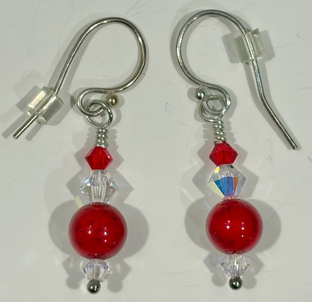 925 (Stamped) Sterling Silver Red Crystal Like Bead Earrings