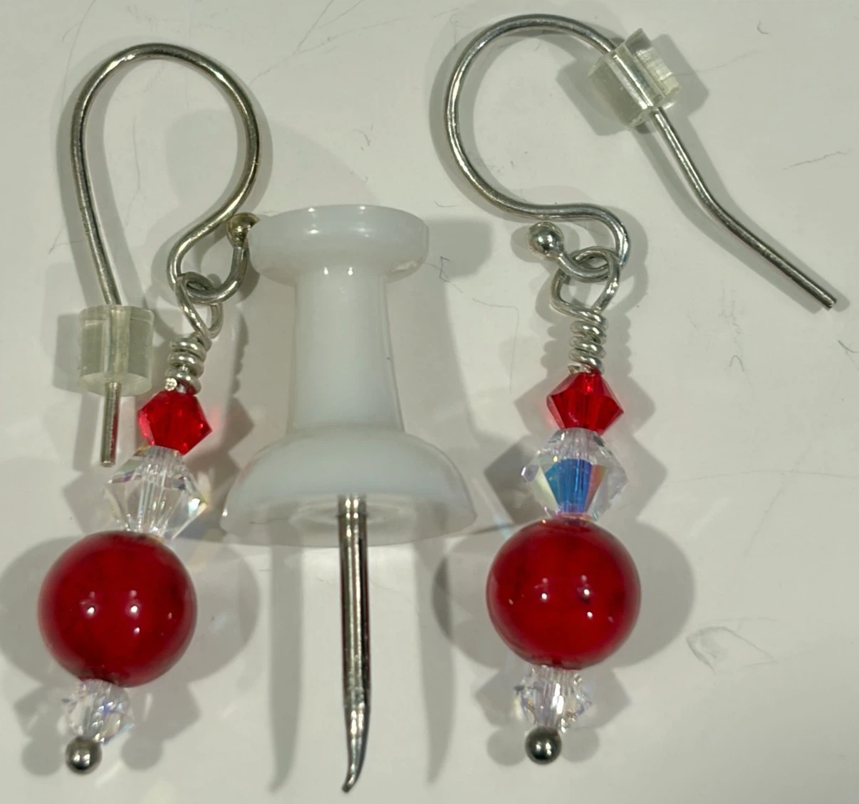 925 (Stamped) Sterling Silver Red Crystal Like Bead Earrings - photo 2