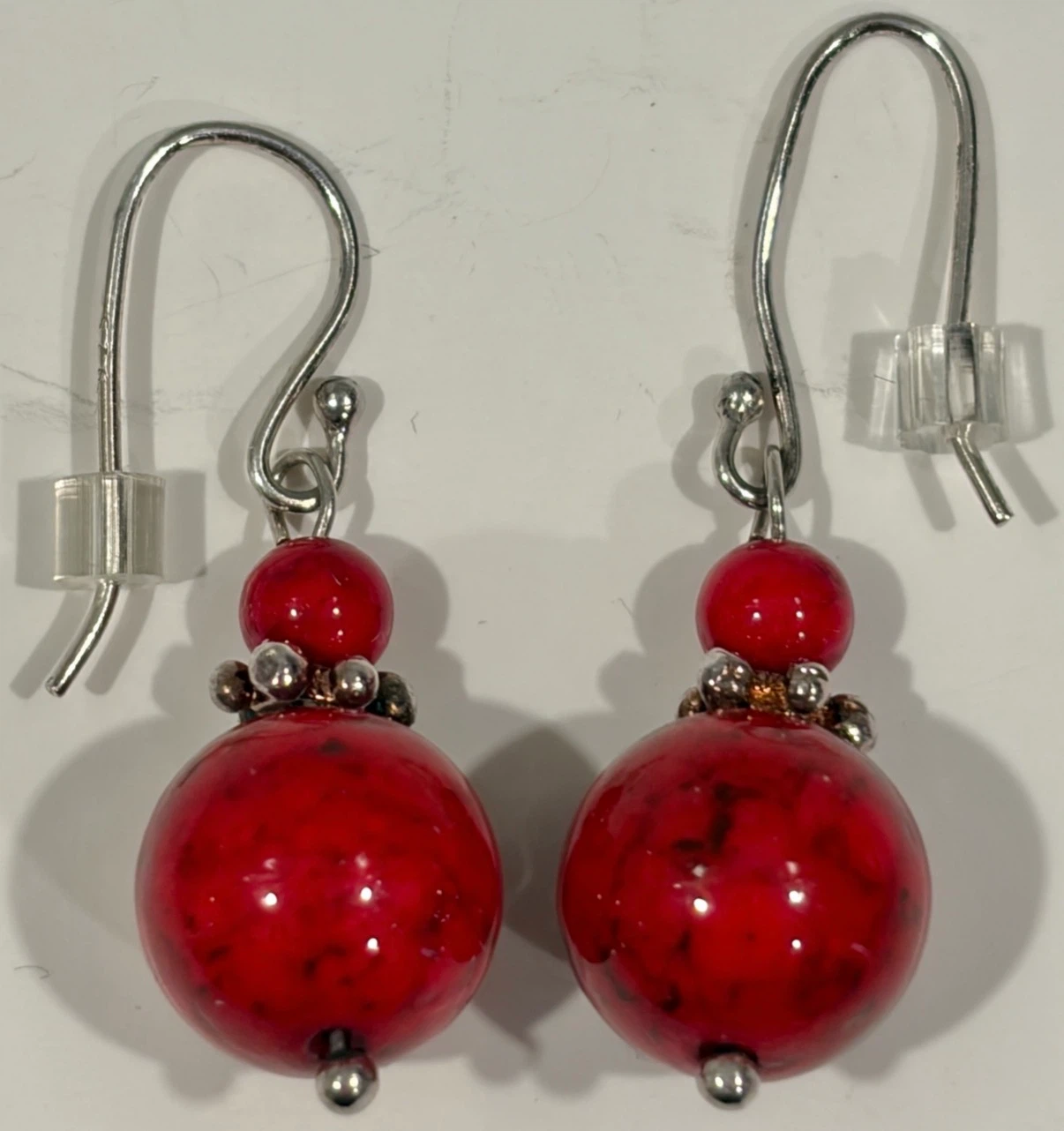 925 (Stamped) Sterling Silver Red Marbled Bead Dangle Earrings