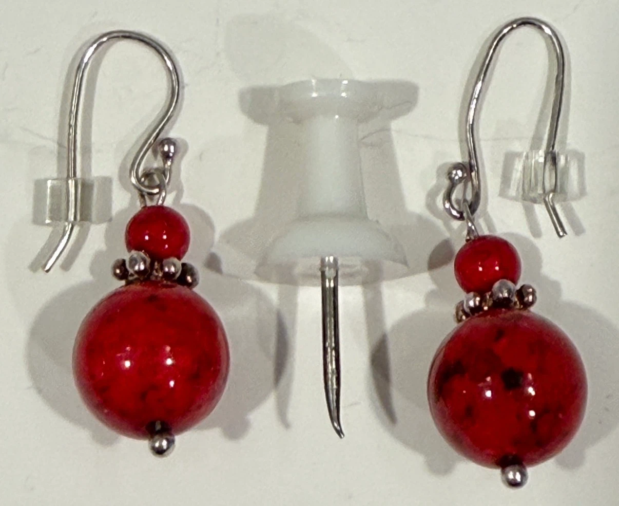 925 (Stamped) Sterling Silver Red Marbled Bead Dangle Earrings - photo 2