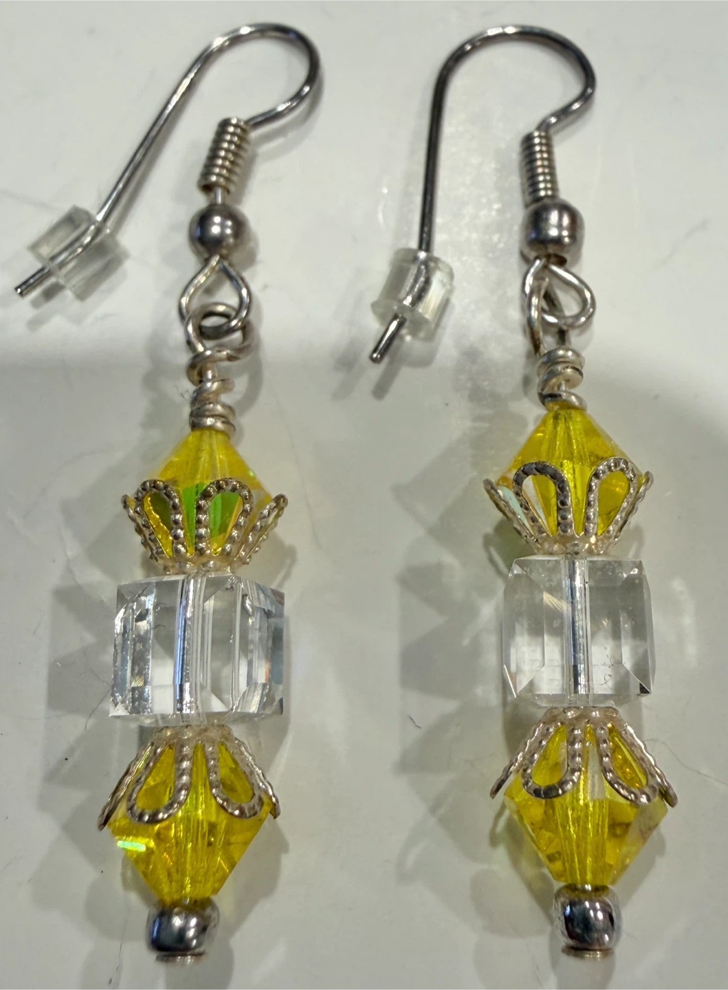 Yellow & Clear Crystal Bead Dangle Earrings – Silver Tone