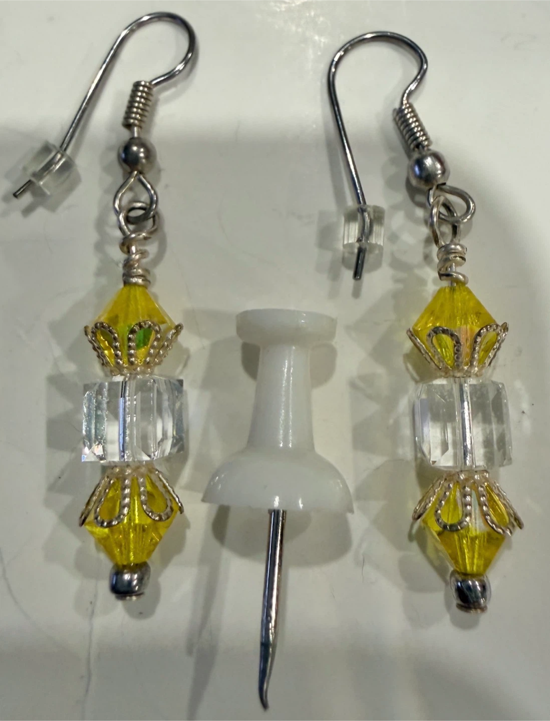 Yellow & Clear Crystal Bead Dangle Earrings – Silver Tone - photo 2