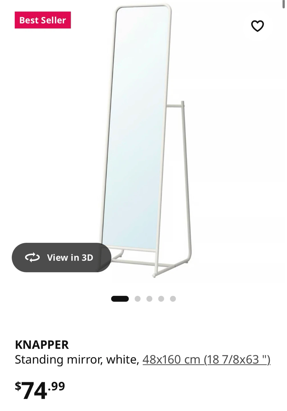 IKEA KNAPPER Standing Mirror, White, 48x160 cm