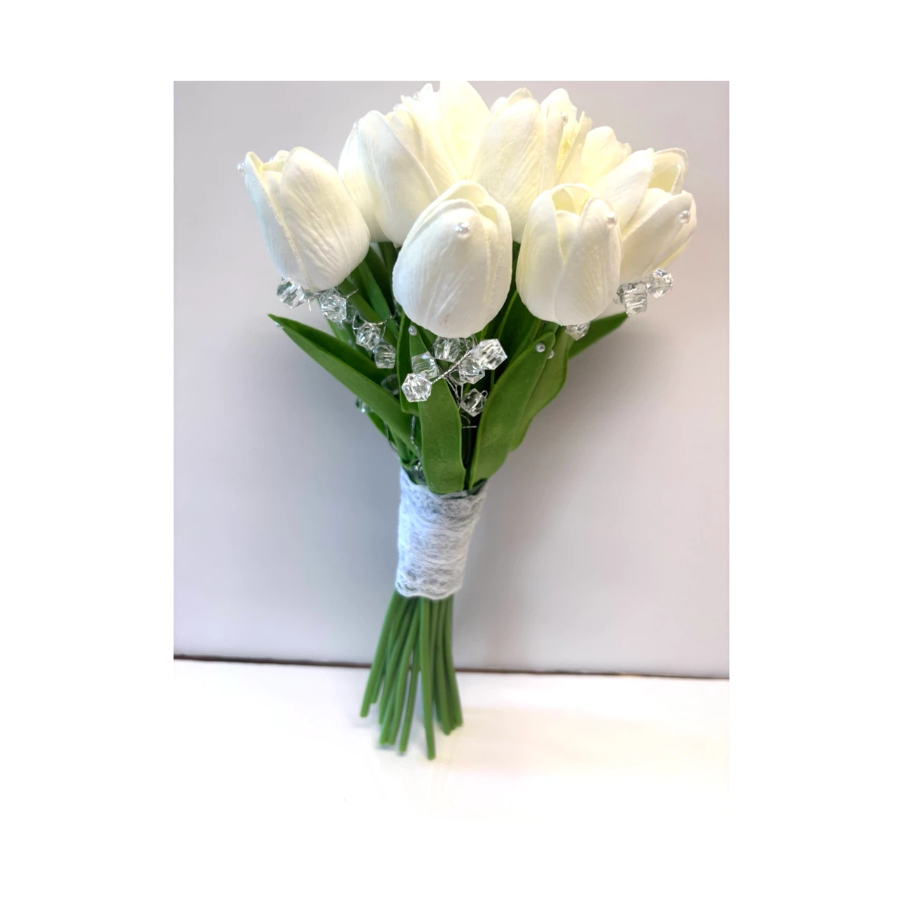 White Artificial Tulip Bridal Bouquet with Pearls and Crystals