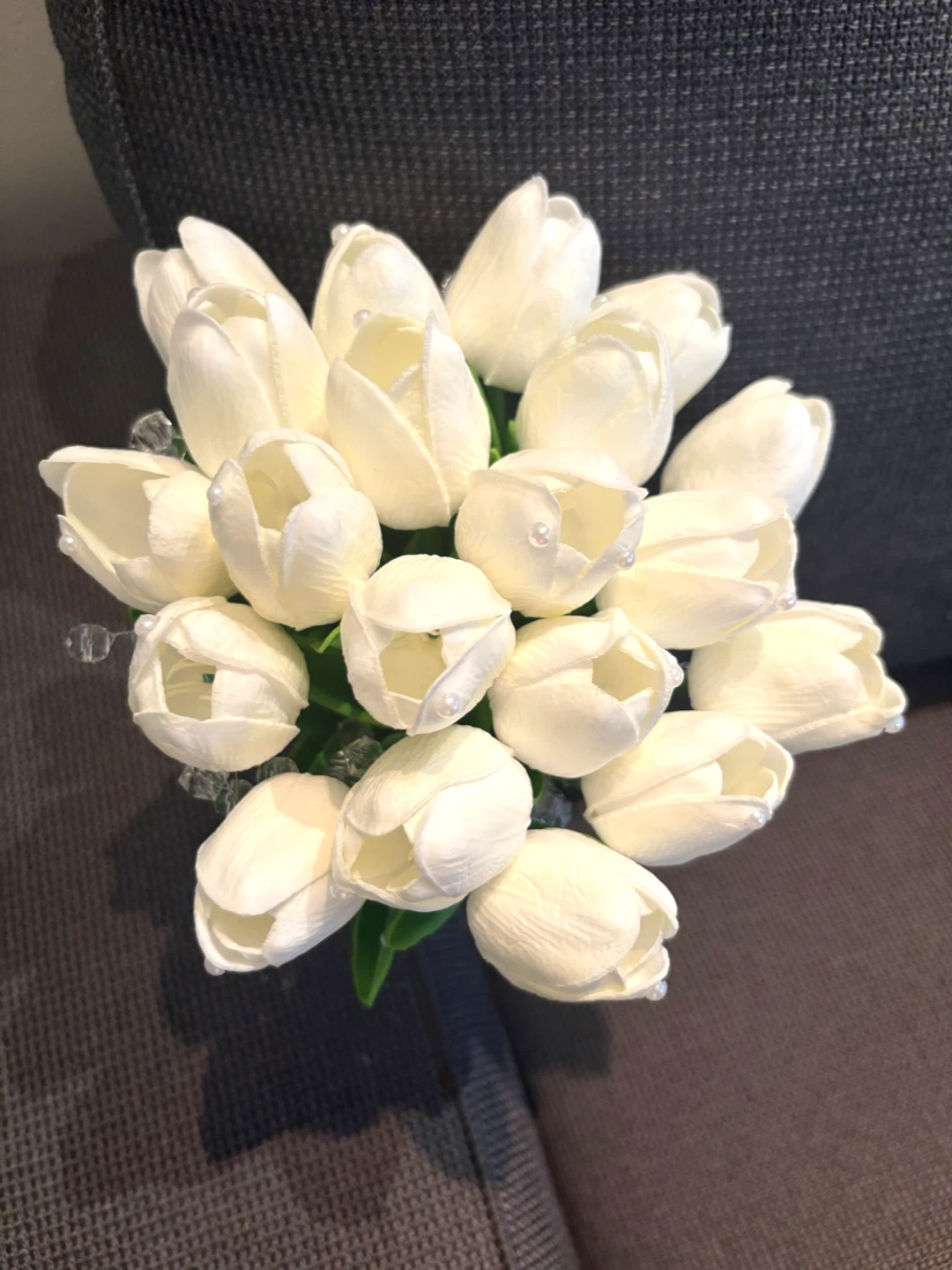 White Artificial Tulip Bridal Bouquet with Pearls and Crystals - photo 2