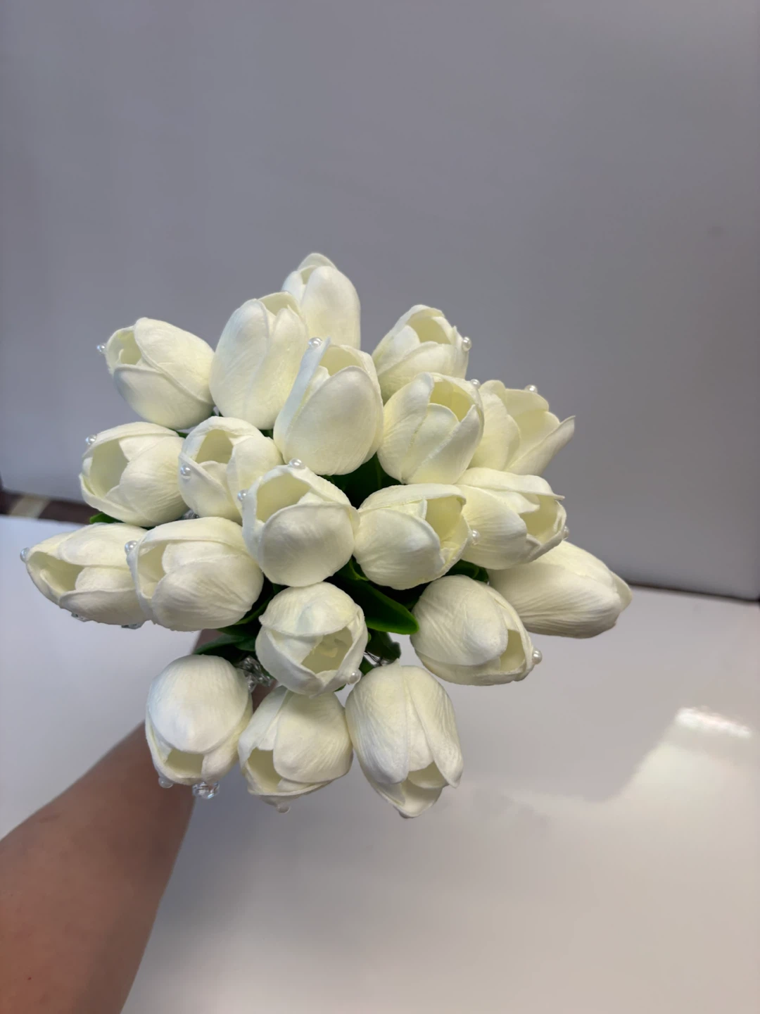White Artificial Tulip Bridal Bouquet with Pearls and Crystals - photo 3