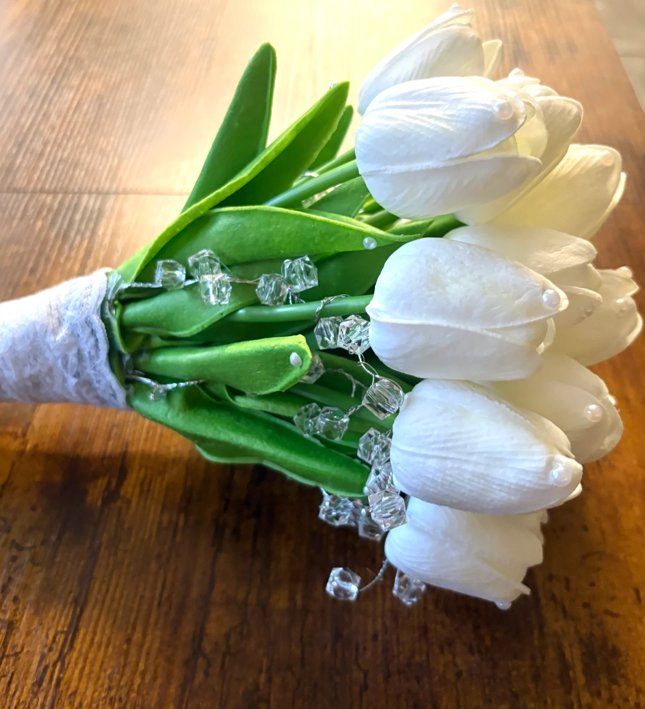 White Artificial Tulip Bridal Bouquet with Pearls and Crystals - photo 4