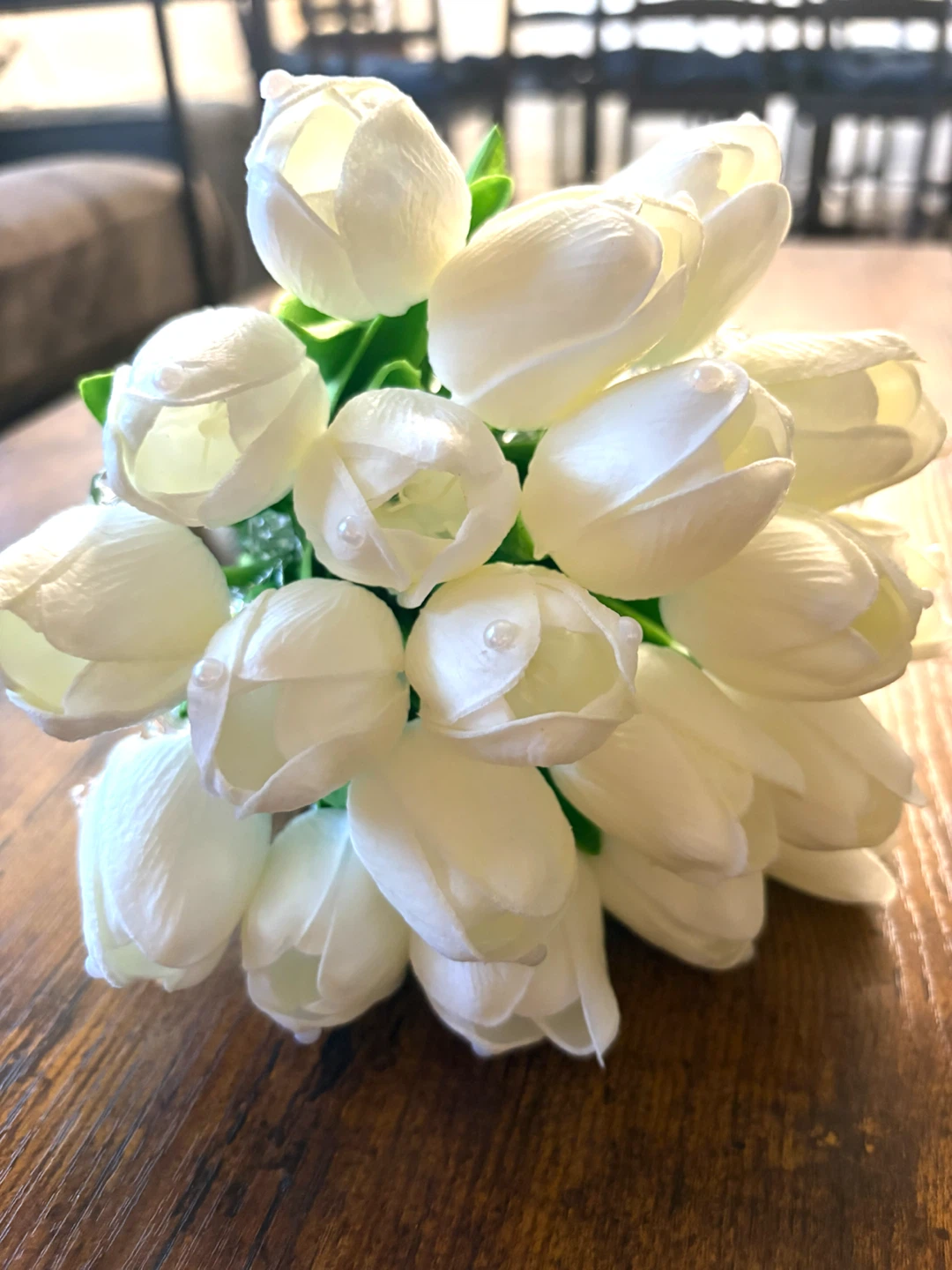 White Artificial Tulip Bridal Bouquet with Pearls and Crystals - photo 5