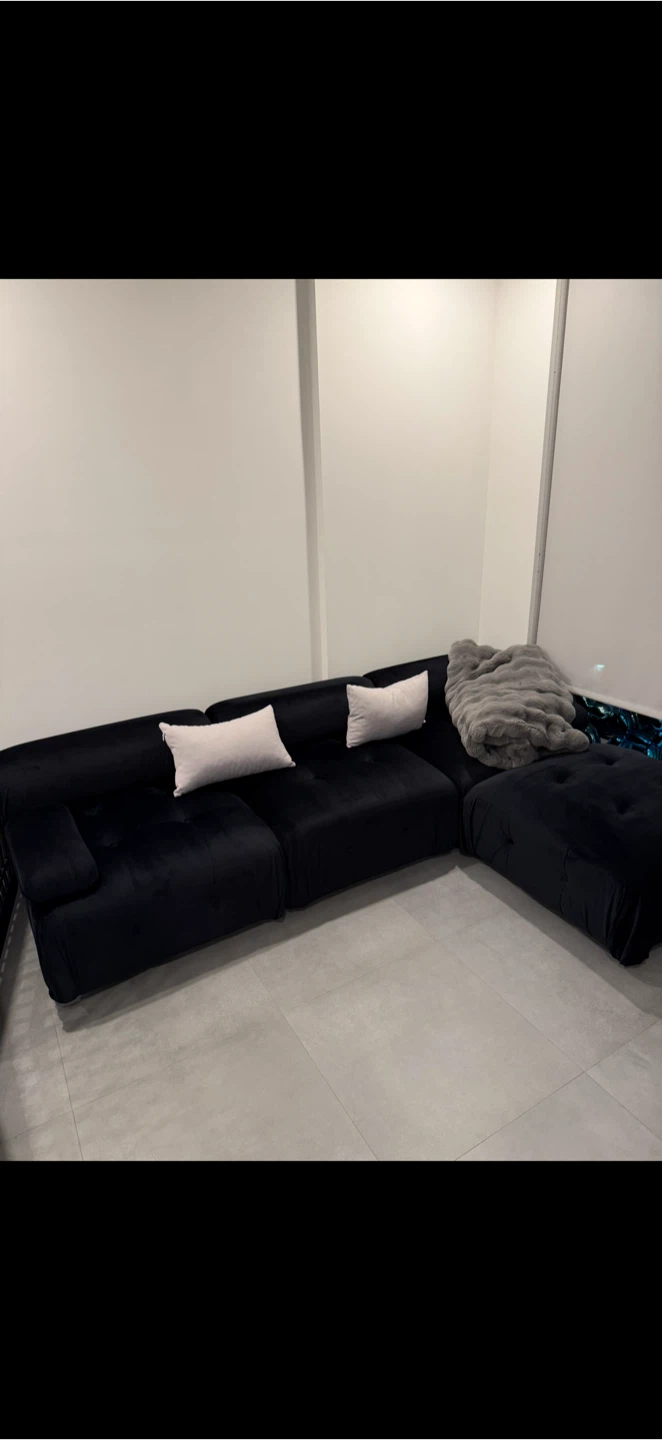Black Velvet Sectional Sofa with Ottoman