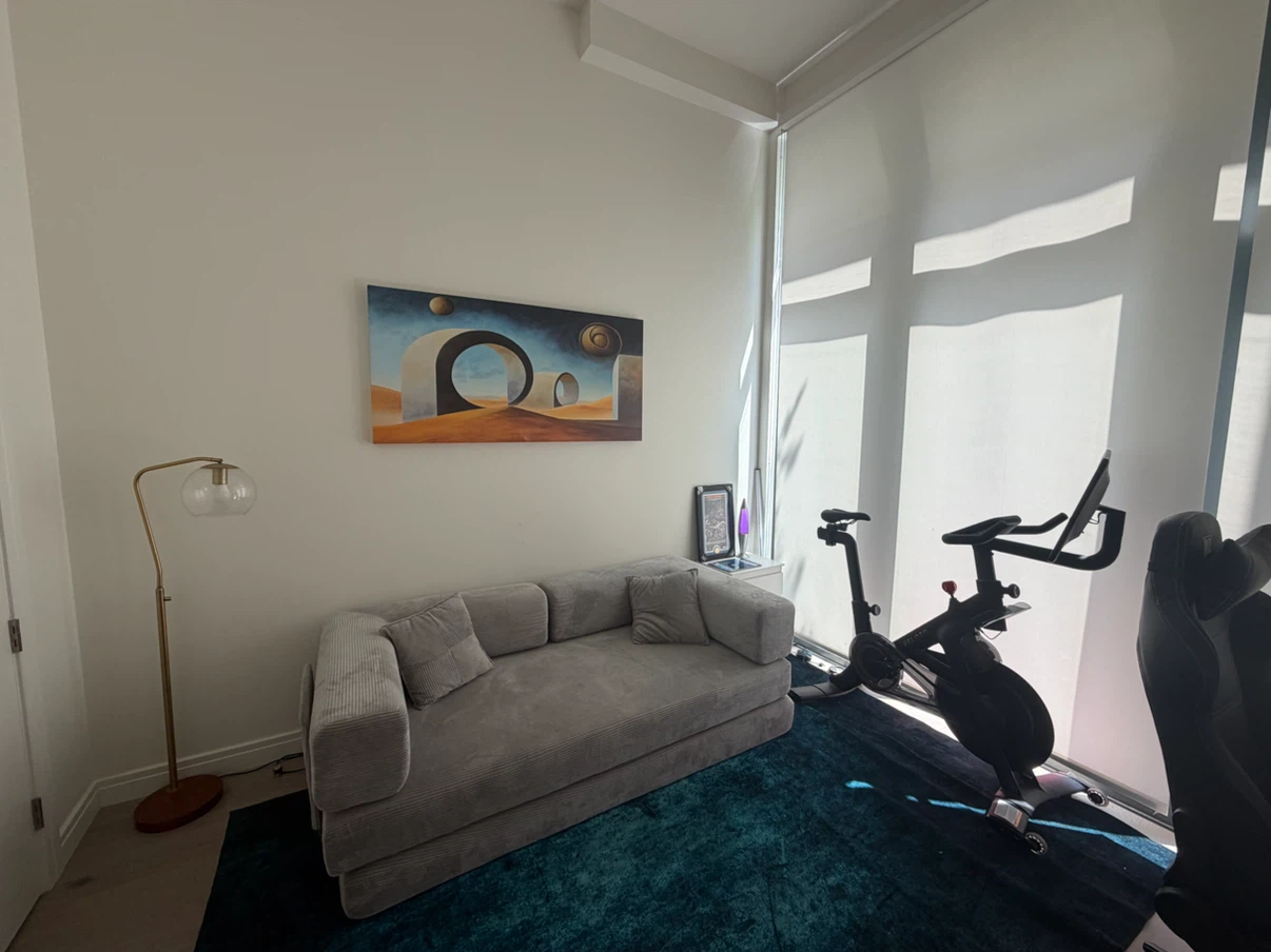 Grey Corduroy Sofa, Peloton bike+, art, rug nightstand