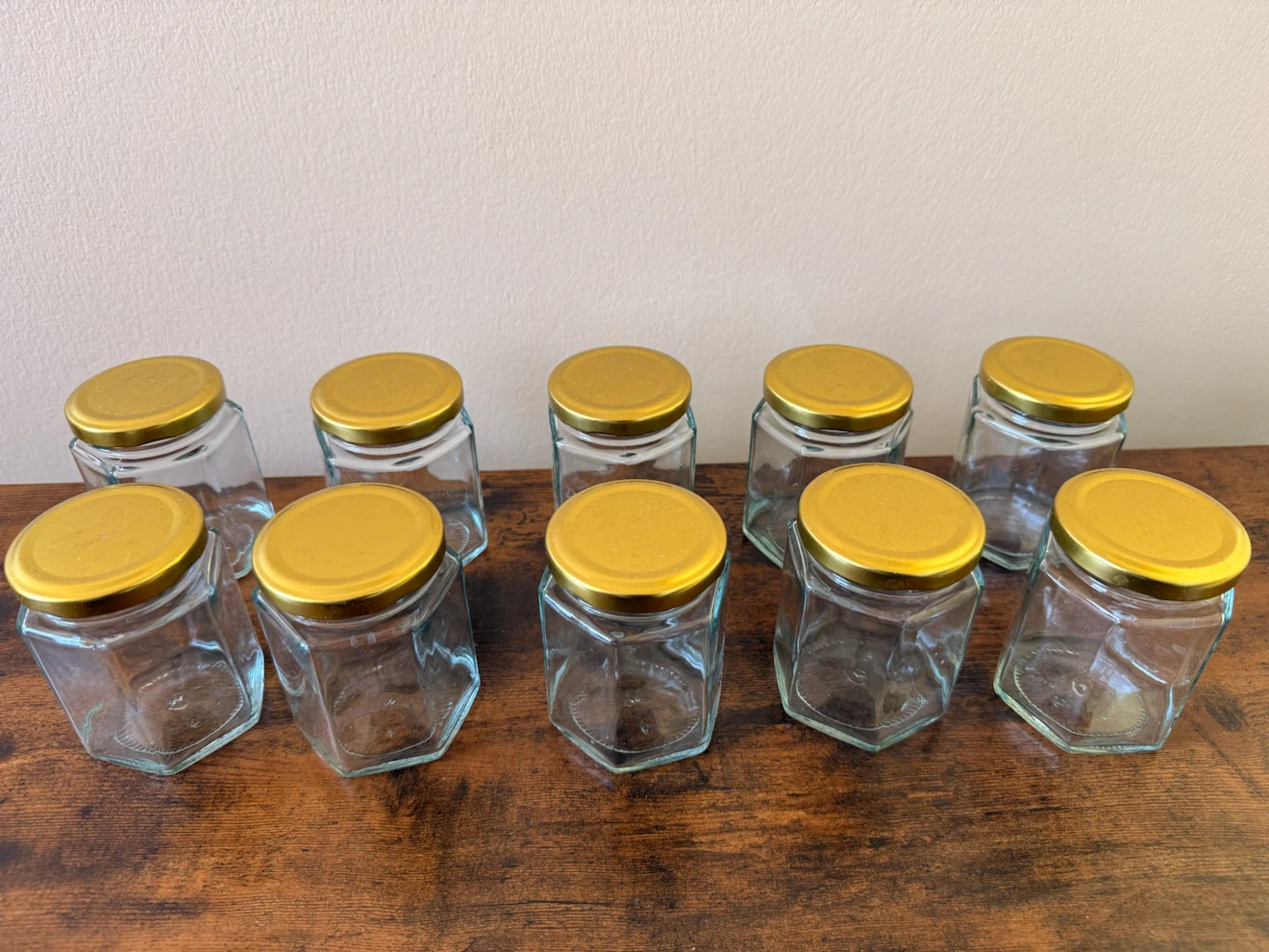 NEW 10 Hexagon Glass Jars with Gold Lids
