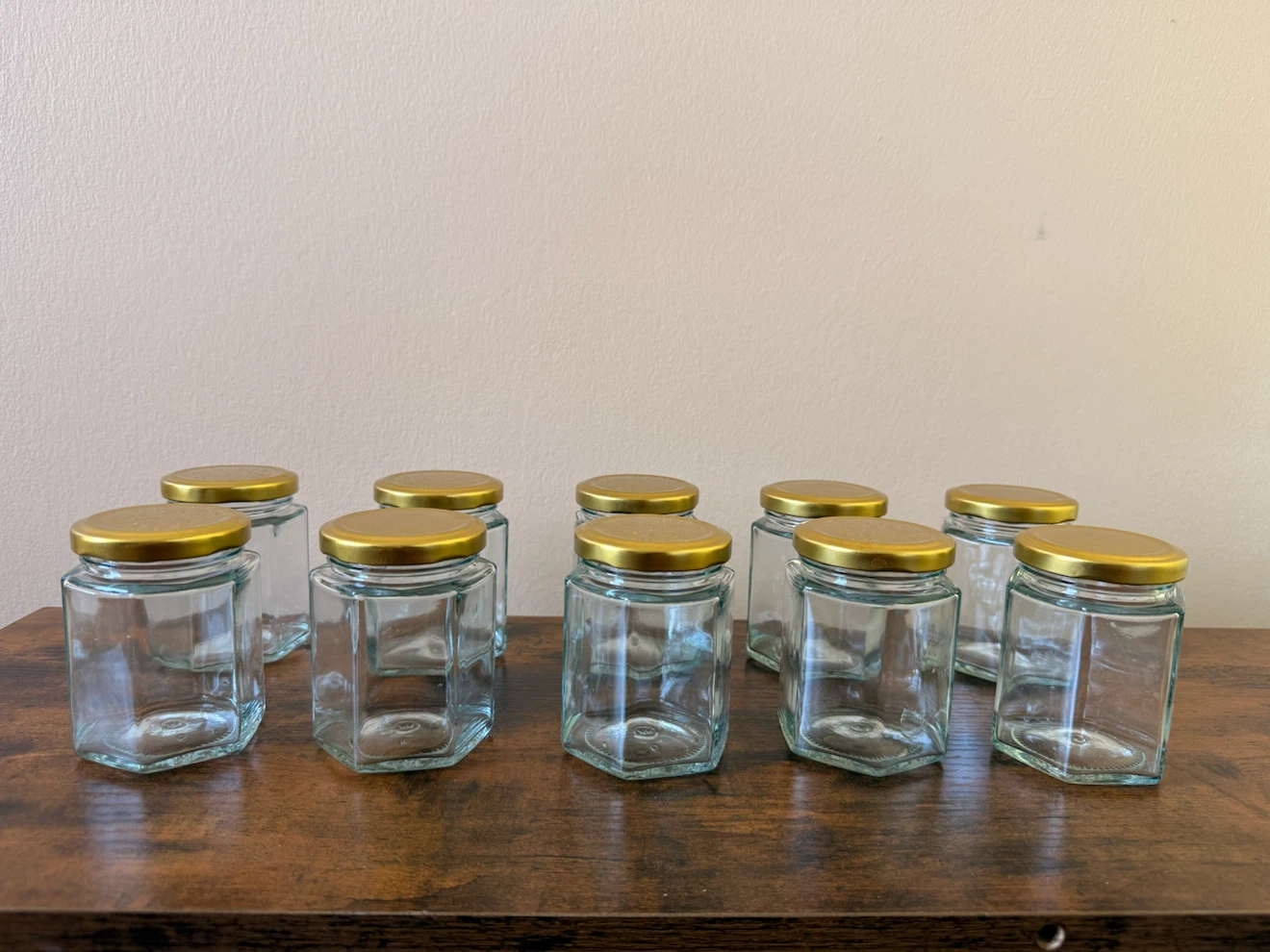 NEW 10 Hexagon Glass Jars with Gold Lids - photo 2