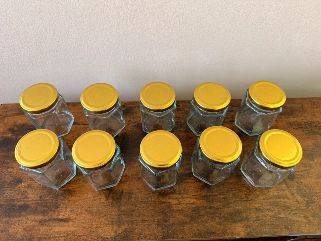 NEW 10 Hexagon Glass Jars with Gold Lids - photo 3