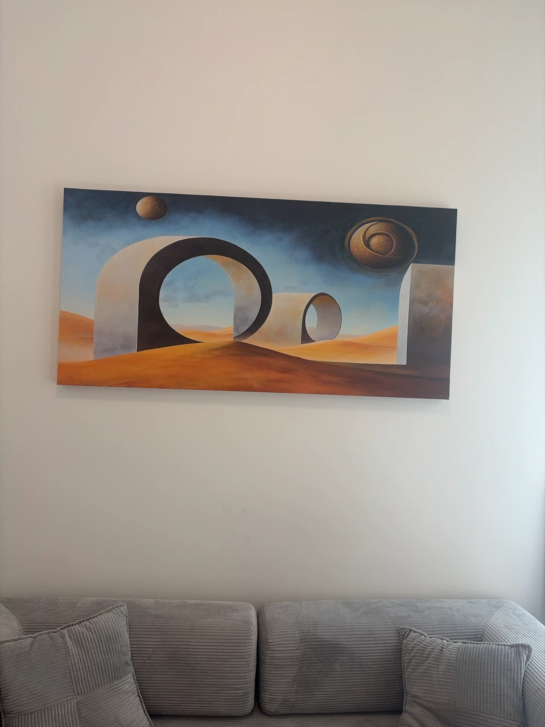 Grey Corduroy Sofa, Peloton bike+, art, rug nightstand - photo 3