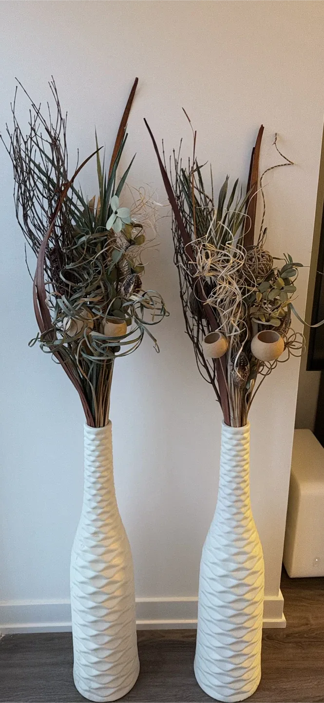 Set of 2 Tall White Textured Vases