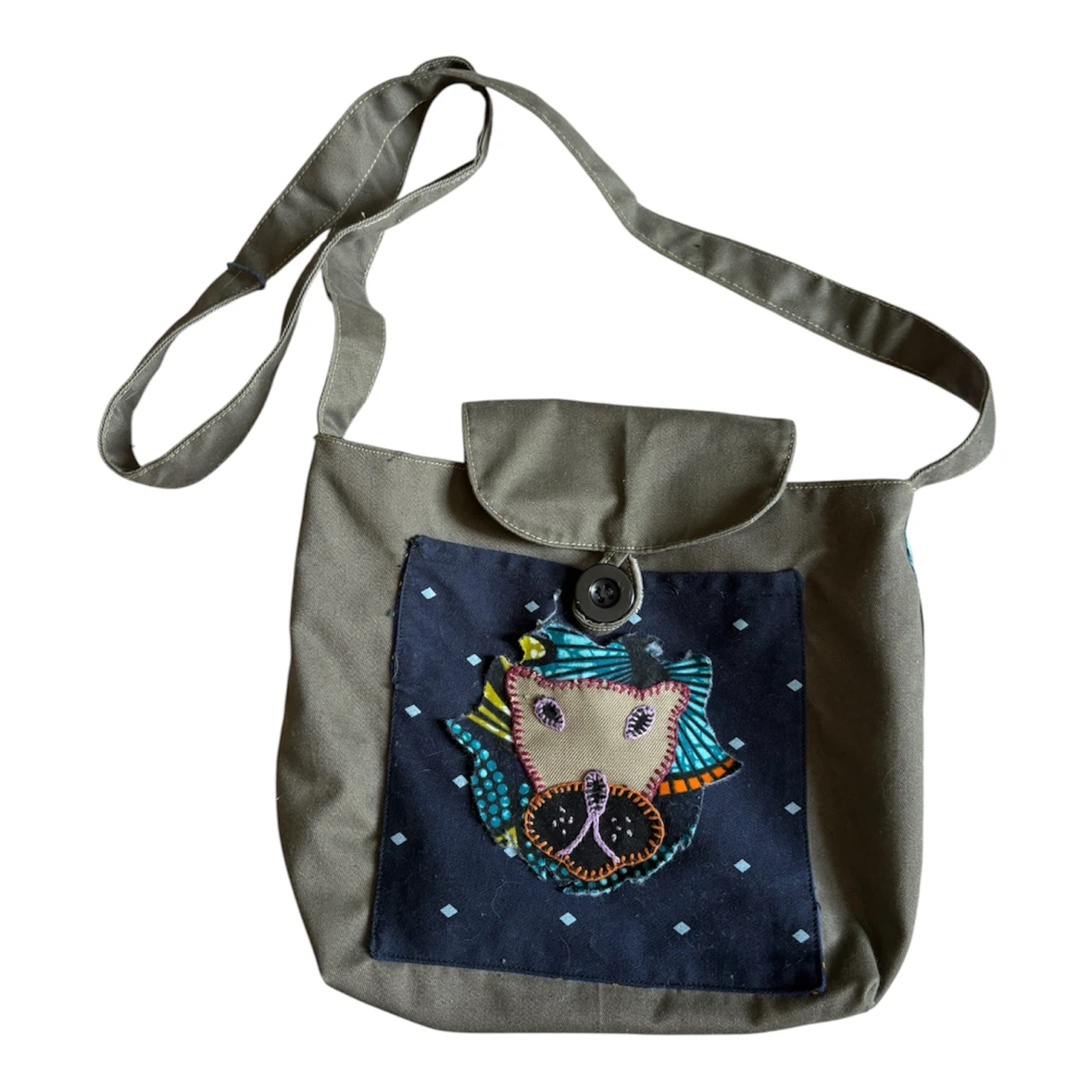 Khaki Shoulder Bag with Appliquéd Lion Face