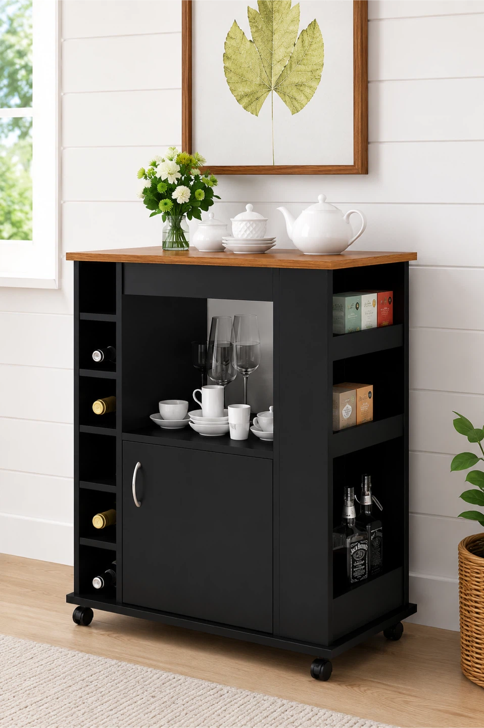 Black Kitchen Cart with Wine Rack and Shelving