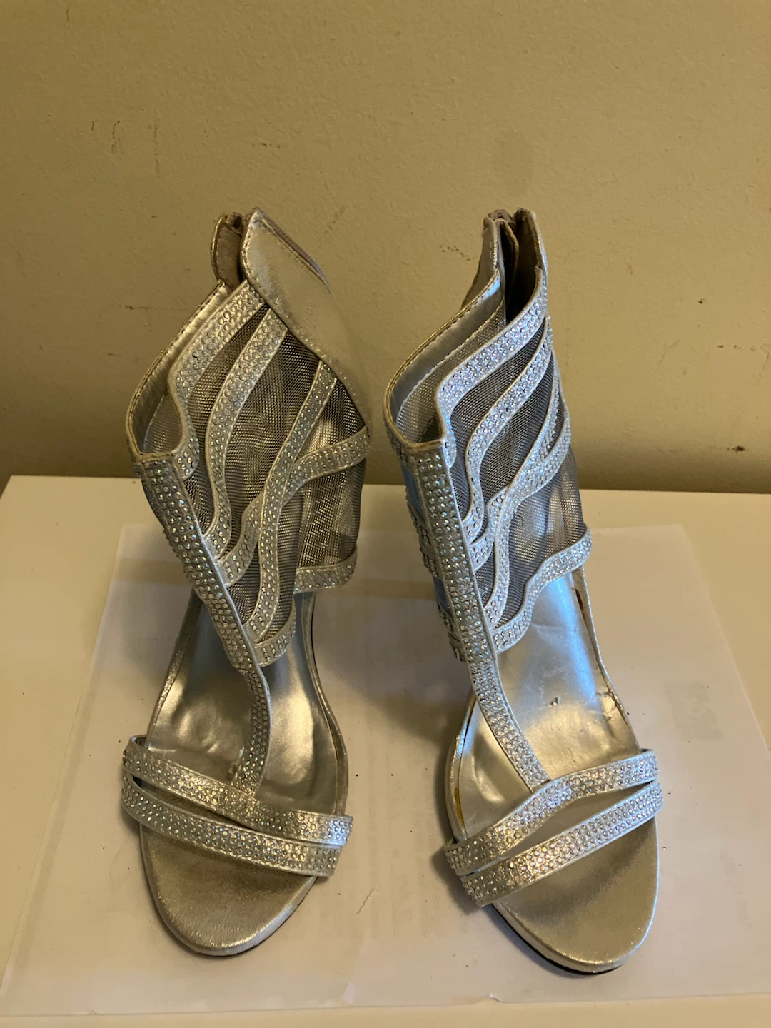 Silver Rhinestone Mesh Stiletto High Heel Sandals-size 6