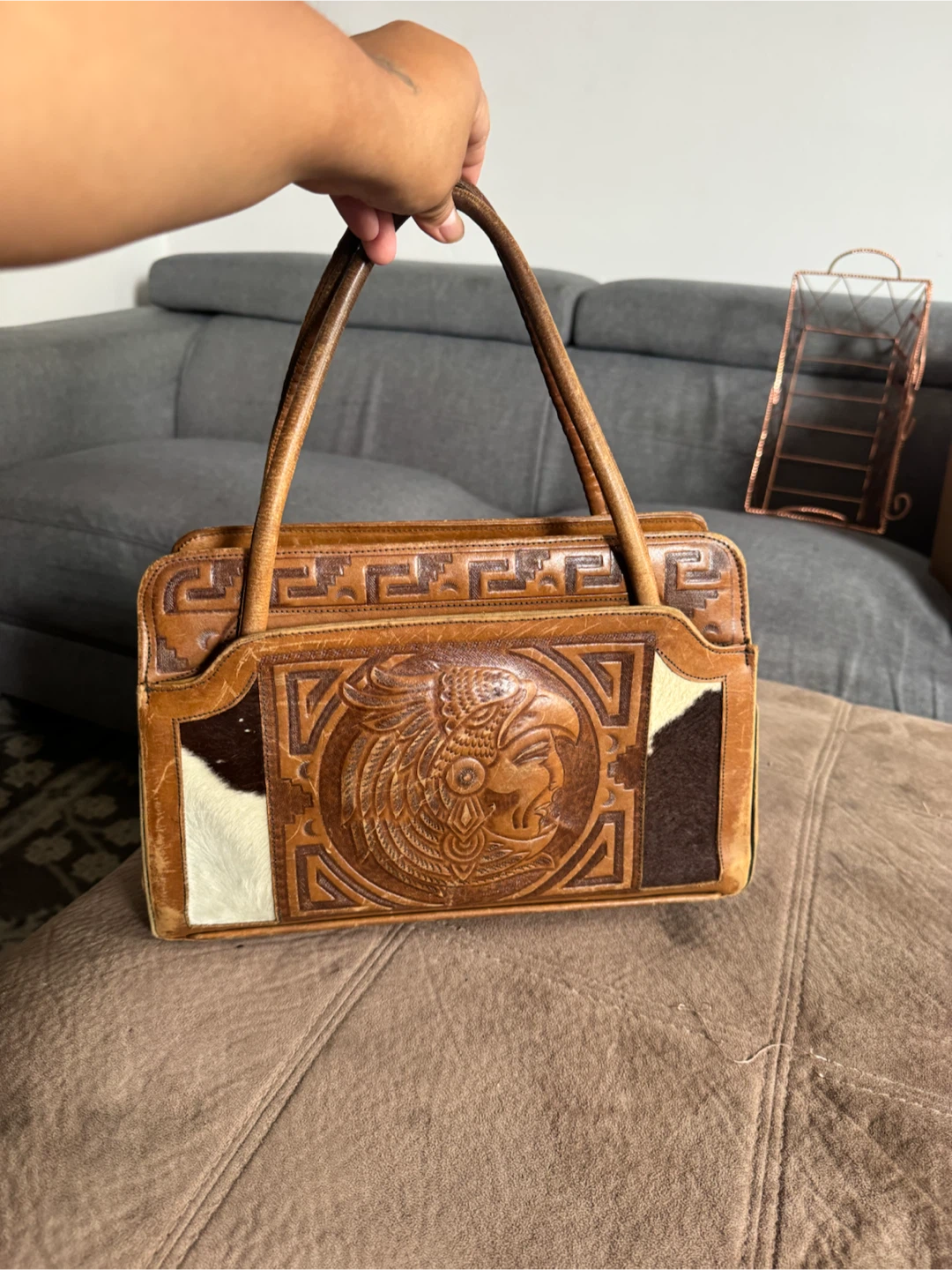 Vintage Leather Tooled Handbag with Cowhide Accents
