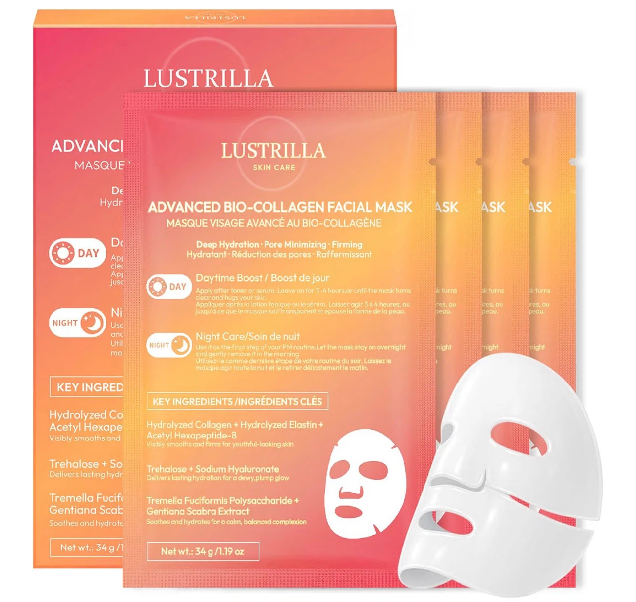 Lustrilla Advanced Bio-Collagen Facial Masks - 4 Pack