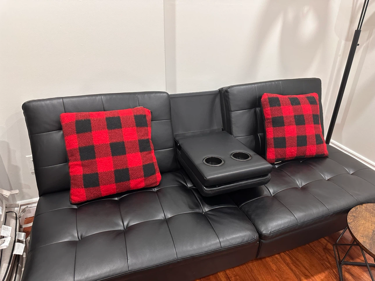 Black Faux Leather Futon Sofa Bed with Cup Holders - photo 2