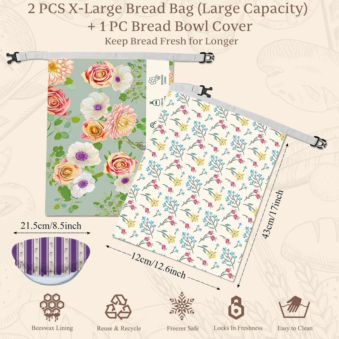 Brand New 2-Pack Beeswax Bread Bag with Bowl Cover - photo 3