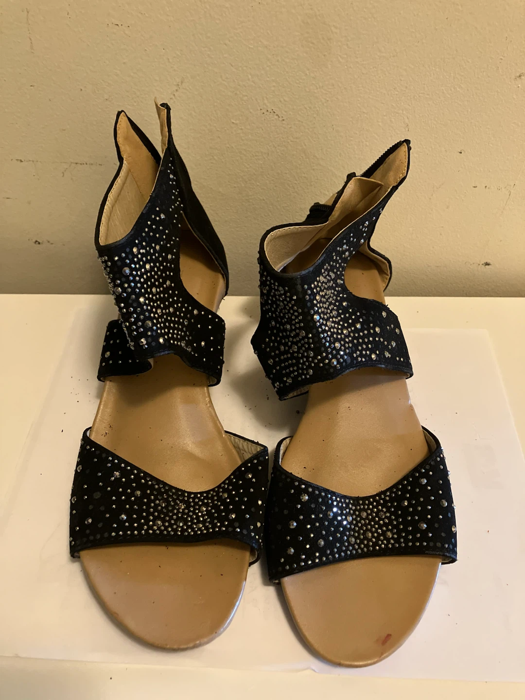 Black wedge sandals with rhinestones