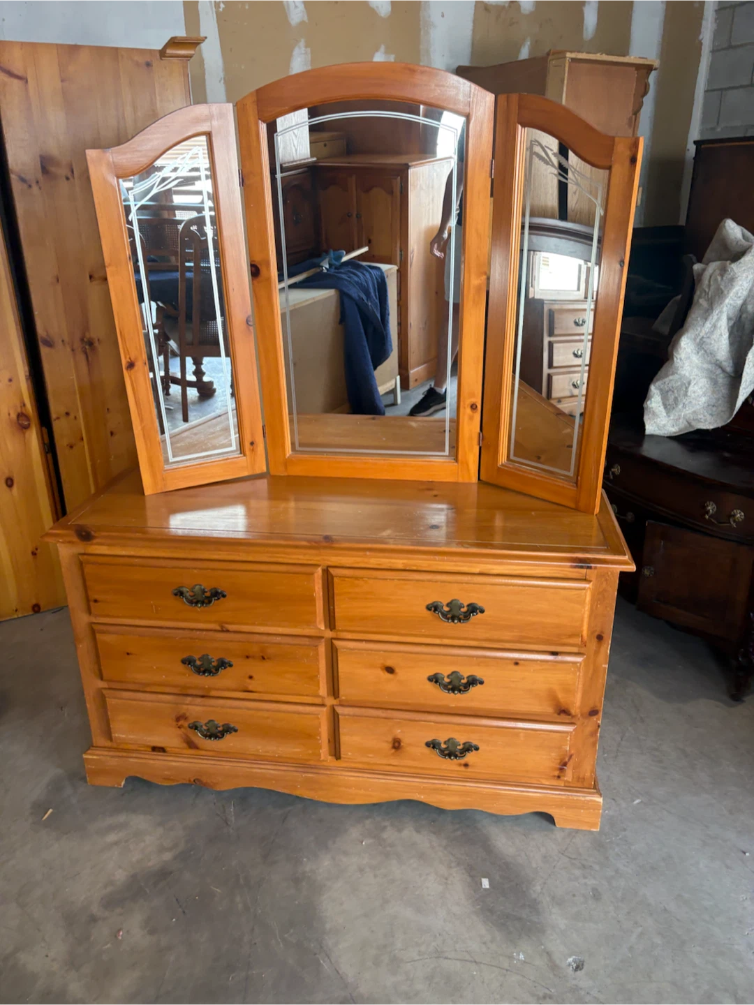 Free delivery used Pine Dresser with Tri-Fold Mirror
