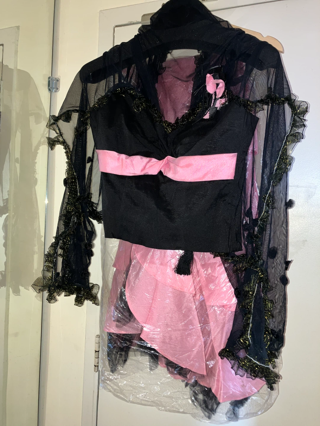 Pink Ruffled Dress with Black Sheer Overlay
