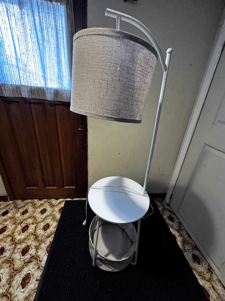 White Floor Lamp with Side Table and Laundry Basket