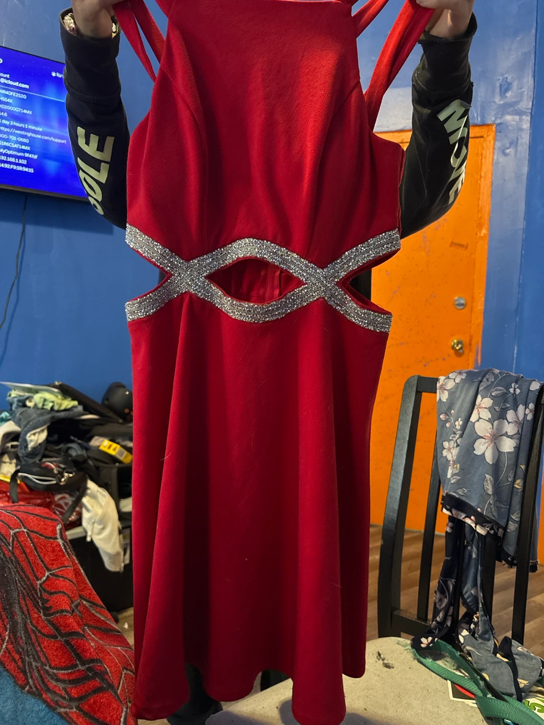 Red Cut-Out Dress with Rhinestone Detail