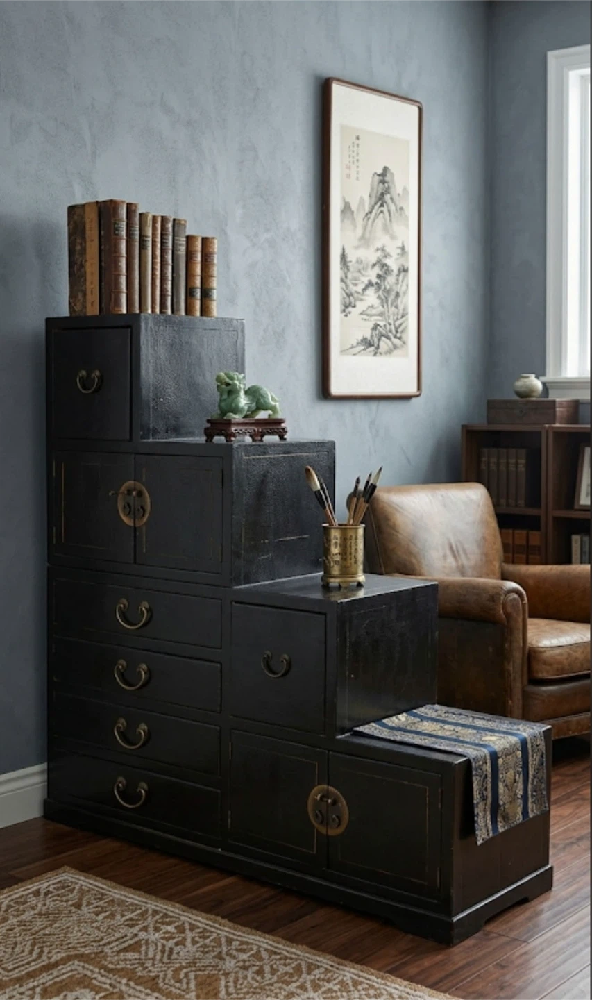 Vintage Black Lacquer Stepped Chest of Drawers & Cabinets