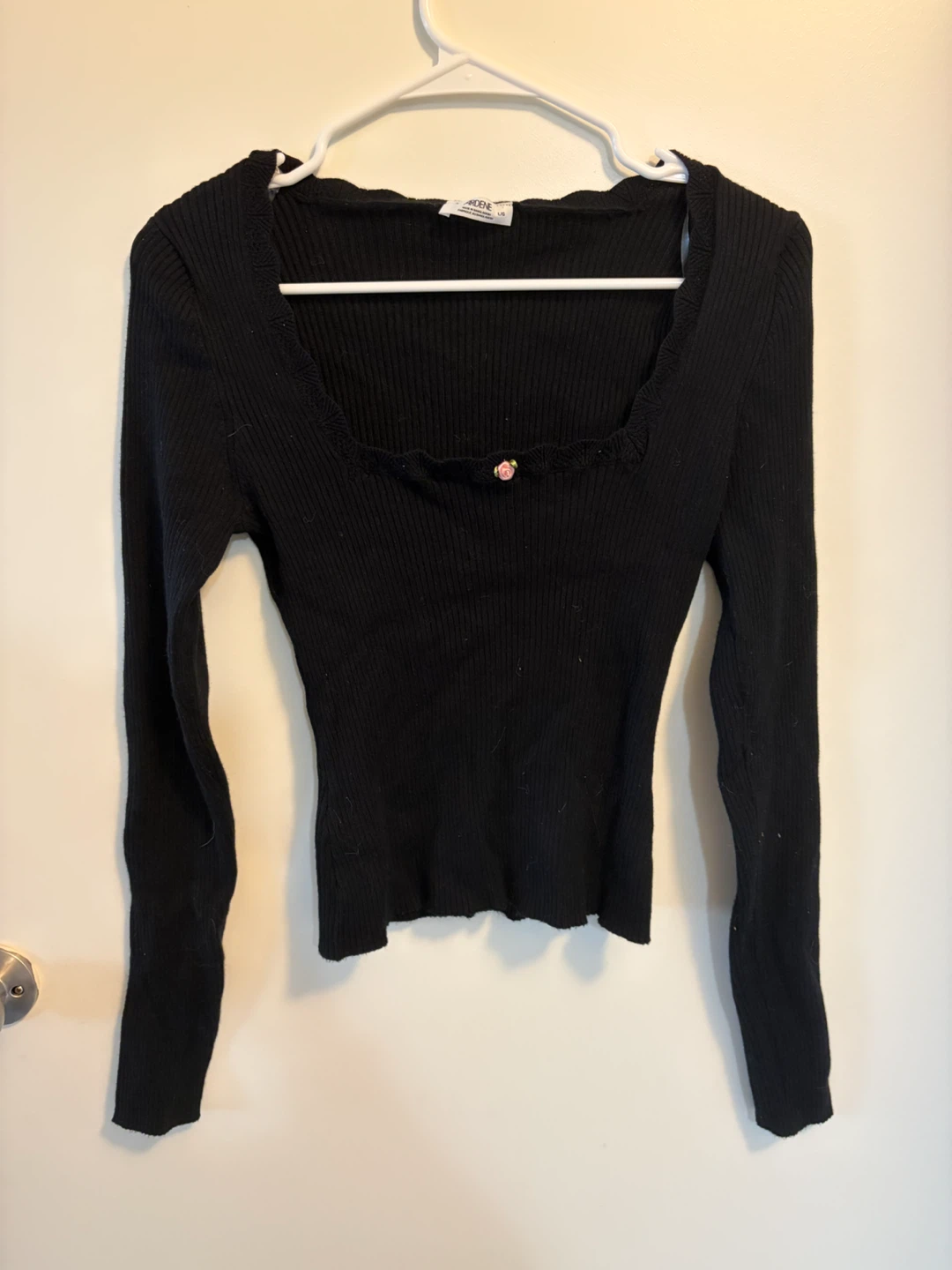 Ardene Black Ribbed Long Sleeve Top with Flower Detail