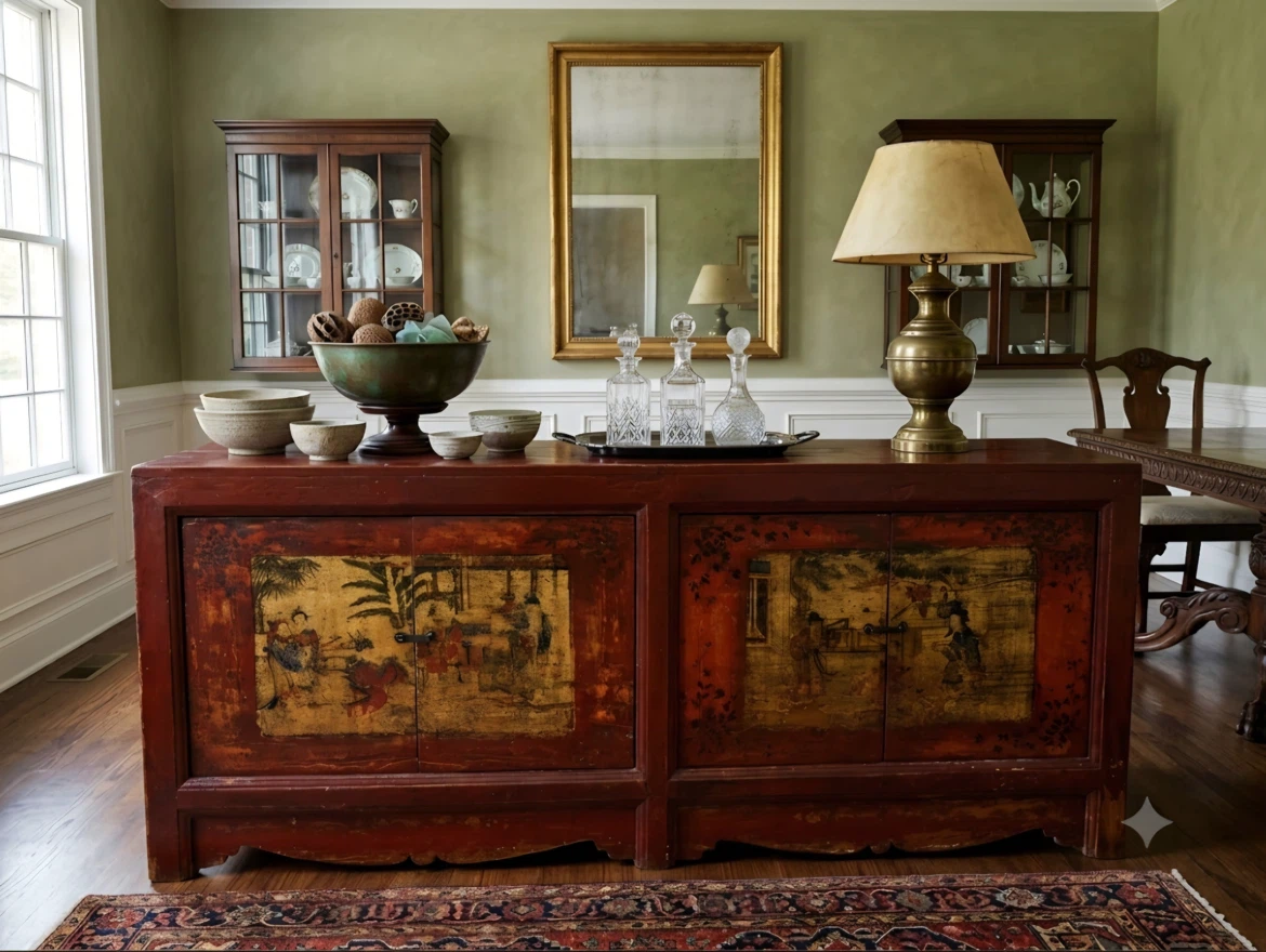 Antique Red Lacquer Cabinet with Painted Scene