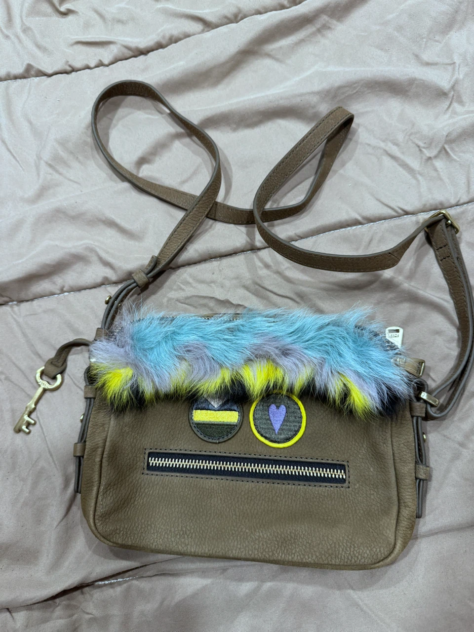 Fossil Leather Crossbody Bag with Fur Trim