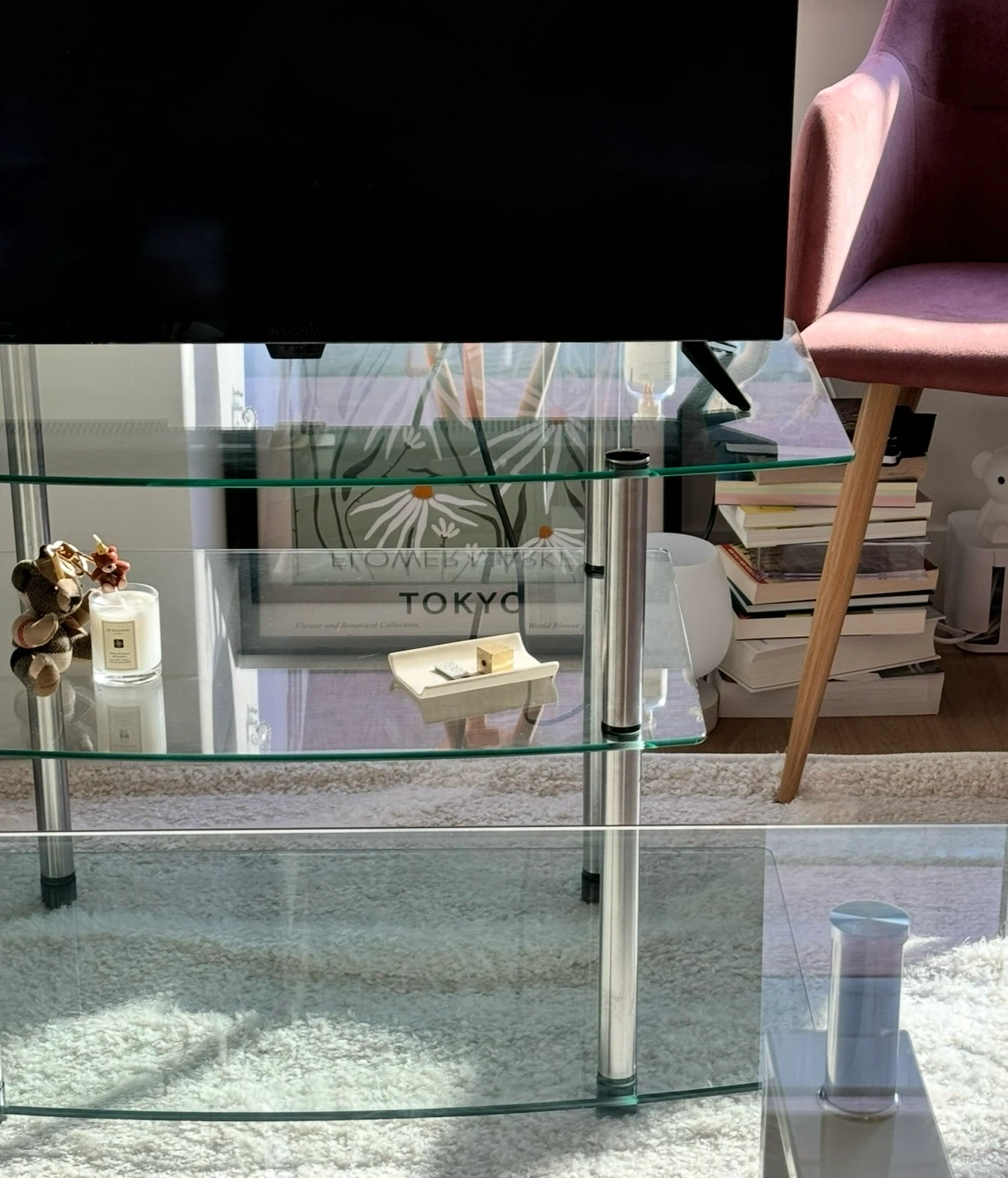 Glass TV Stand with Silver Legs
