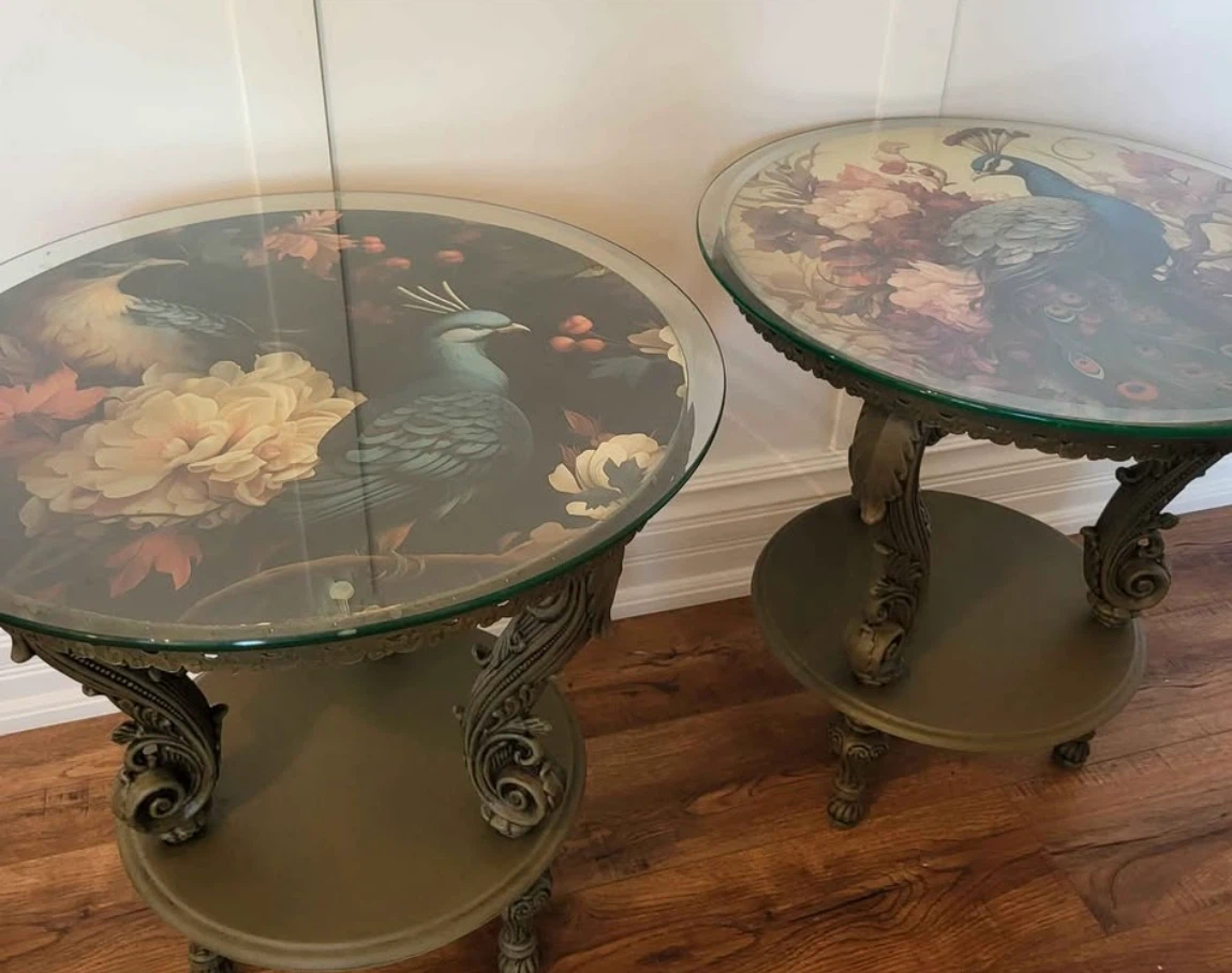 Vintage Peacock Glass Top Side Tables (Set of 2)